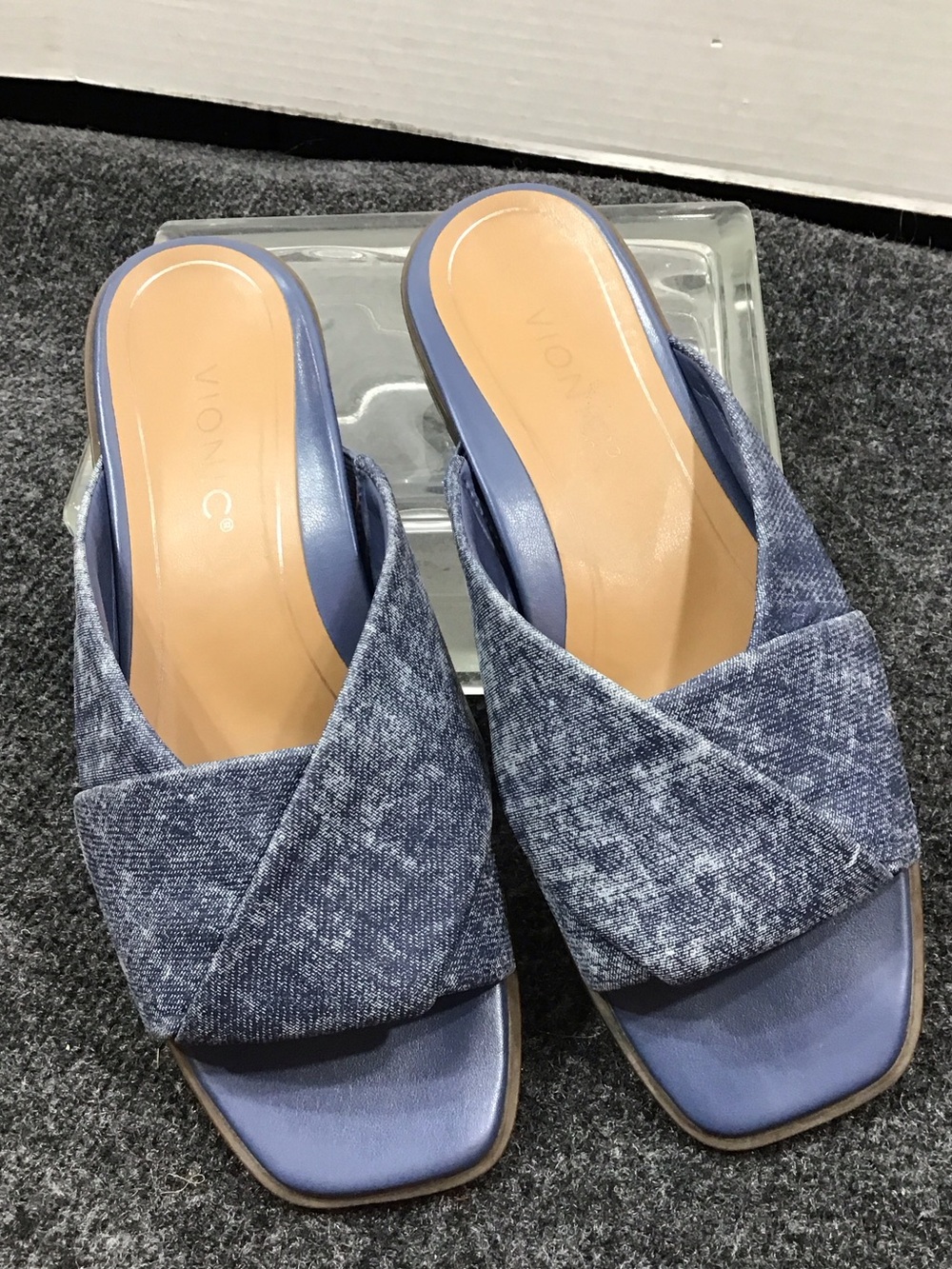Vionic Miramar Denim color leather Blue Crossband Slide Mules 7.5